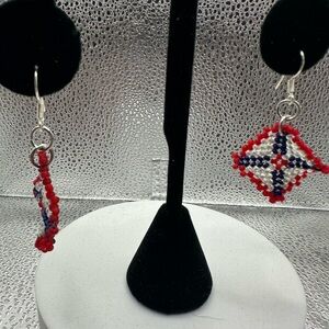 Artisan Beaded Earrings - Red, Blue, White
